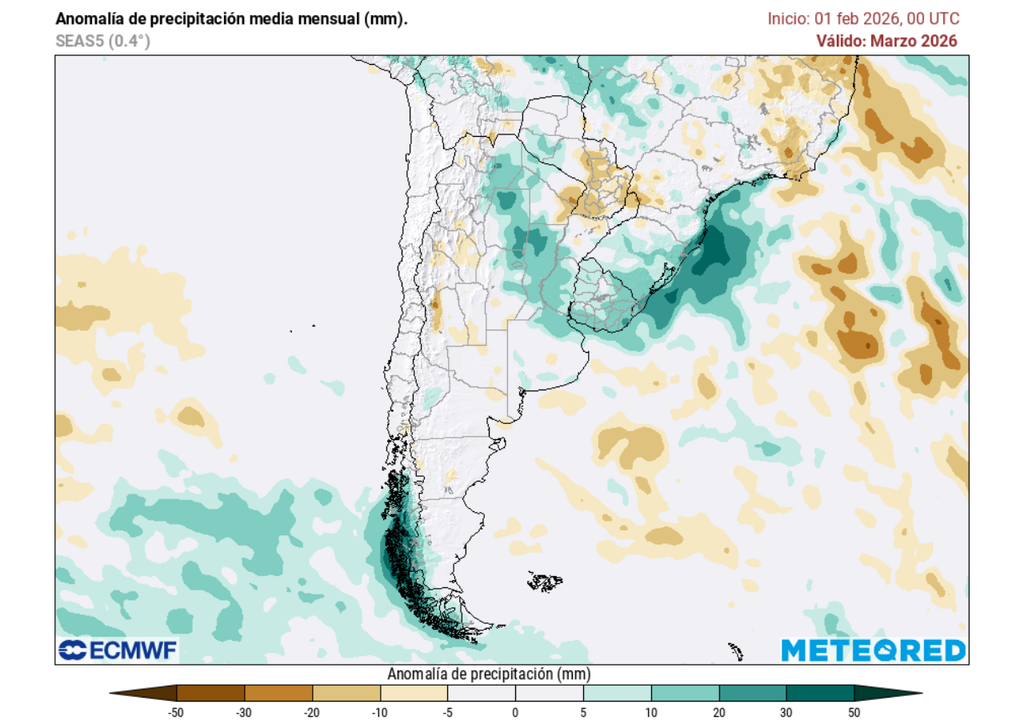 Anomalía mensual de precipitación (mm) para marzo 2026 en Chile.