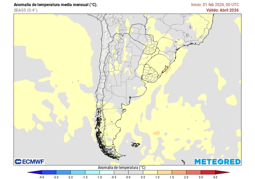 Anomalía mensual de temperatura (°C) para abril 2026 en Chile.