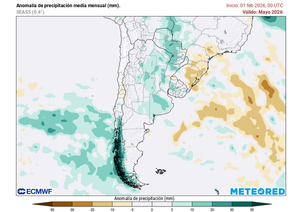 Anomalía mensual de precipitación (mm) para mayo 2026 en Chile.