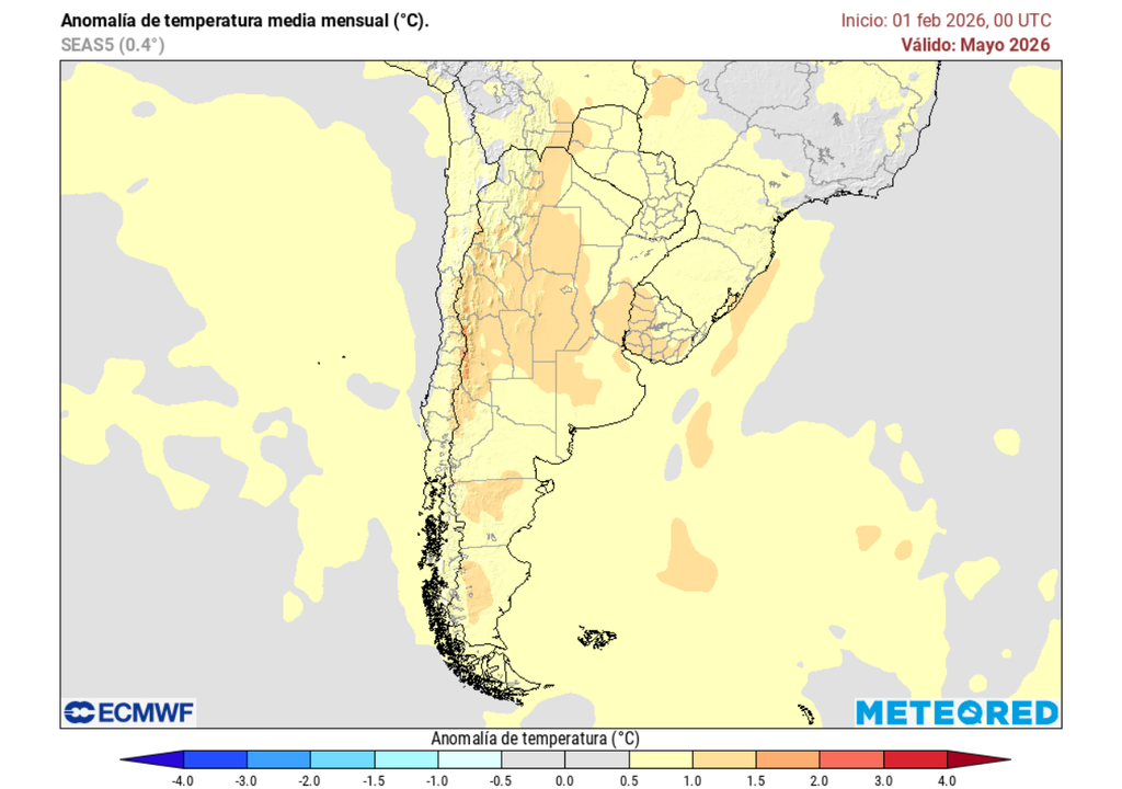 Anomalía mensual de temperatura (°C) para mayo 2026 en Chile.