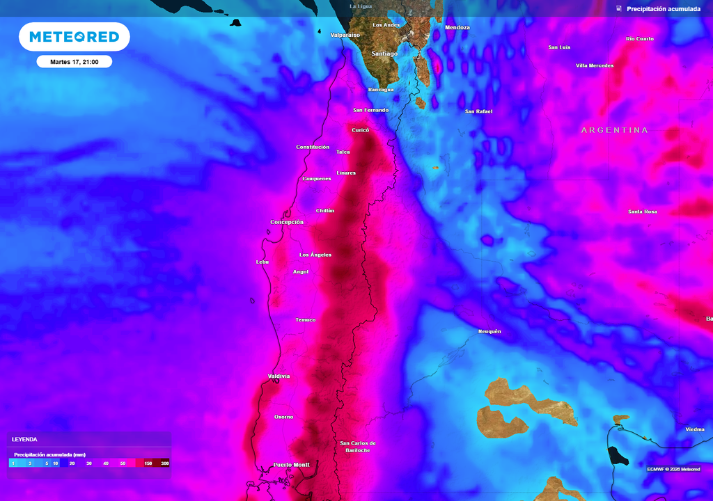 Acumulados de precipitación previstos por el modelo ECMWF muestran lluvias intensas entre Maule y Los Ríos, con montos que podrían superar los 80 mm, especialmente en sectores precordilleranos y cordilleranos, elevando el riesgo de crecidas e inundaciones puntuales.