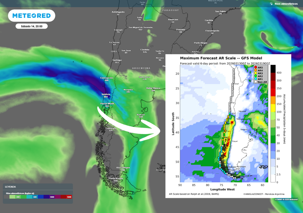 Río atmosférico previsto para el fin de semana impactaría el centro-sur de Chile.
