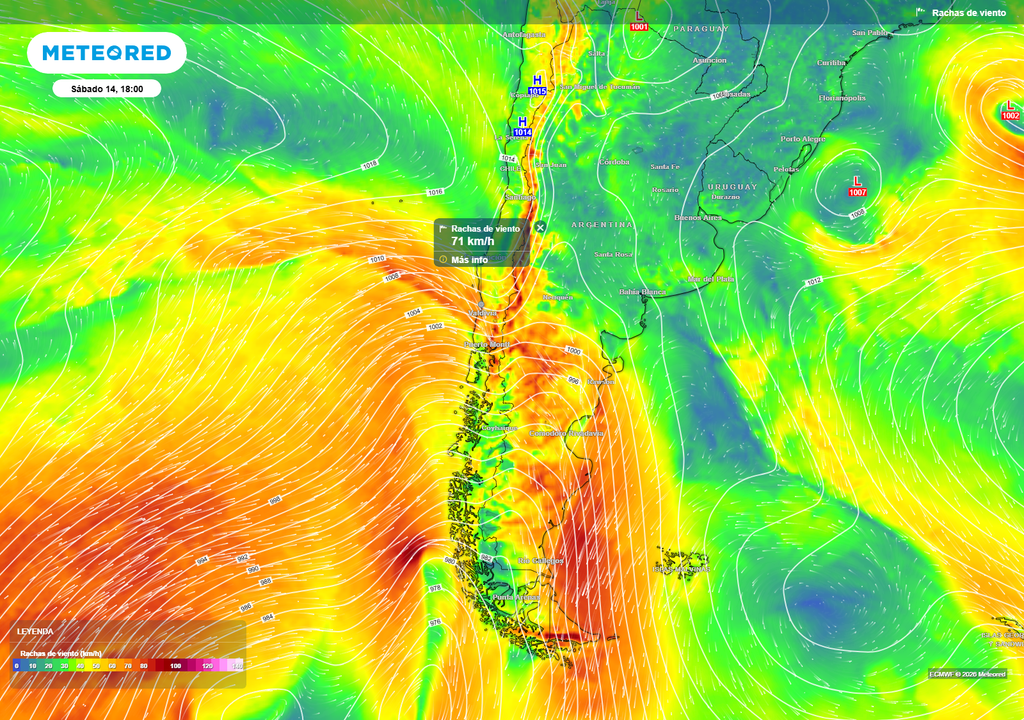 Mapa de rachas de viento muestra el intenso flujo asociado al sistema frontal que impactará el centro-sur de Chile, con ráfagas que podrían superar los 70 km/h, especialmente en zonas costeras y cordilleranas.
