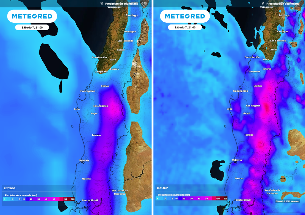 pronóstico de lluvias acumuladas Comparación de precipitaciones acumuladas previstas según el modelo GFS (izquierda) y modelo IFS (derecha).