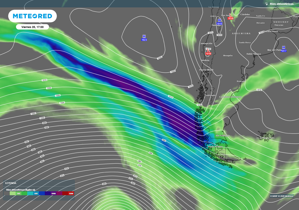 río atmosférico previsto Con un río atmosférico presente, sectores de la provincia de Capitán Prat y de la provincia de Última Esperanza pueden acumular entre 70 y 100 mm de lluvias entre el viernes 20 y el domingo 22.