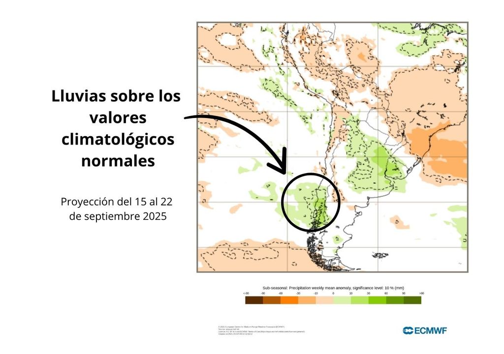 Anomalía de precipitación (mm) entre los días 15 y 22 de septiembre 2025 en Chile. Sobre los valores climatológicos normales (tonos verde), bajo los valores climatológicos normales (tonos marrón) y en torno a los valores climatológicos normales (color blanco).