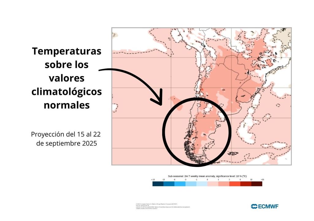 Anomalía de temperatura (°C) entre los días 15 y 22 de septiembre 2025 en Chile. Sobre los valores climatológicos normales (tonos rojo), bajo los valores climatológicos normales (tonos azul) y en torno a los valores climatológicos normales (color blanco).
