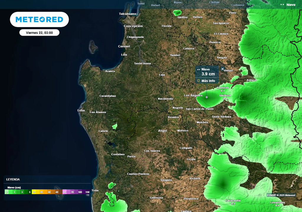 Nieve (cm) para la madrugada del viernes 22 de agosto 2025 en la Región de Biobío.