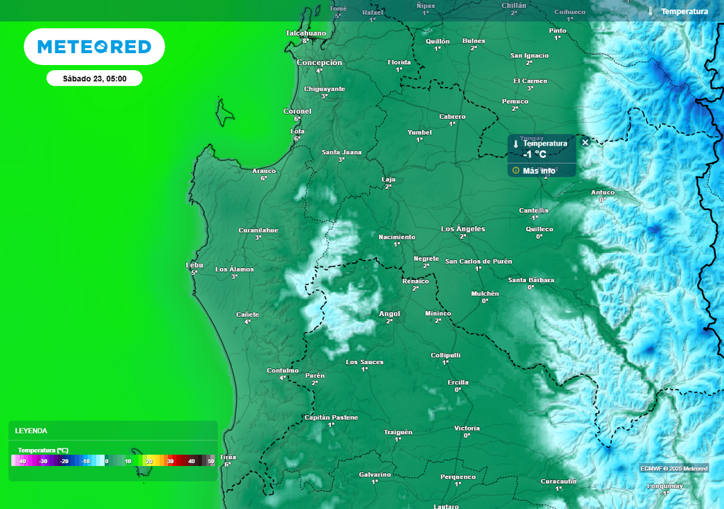 Temperatura mínima (°C) para el sábado 23 de agosto 2025 en la Región de Biobío.
