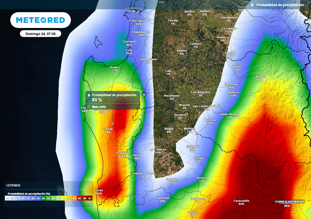 Probabilidad de precipitación (%) para la mañana del domingo 24 de agosto 2025 en la Región de Biobío.