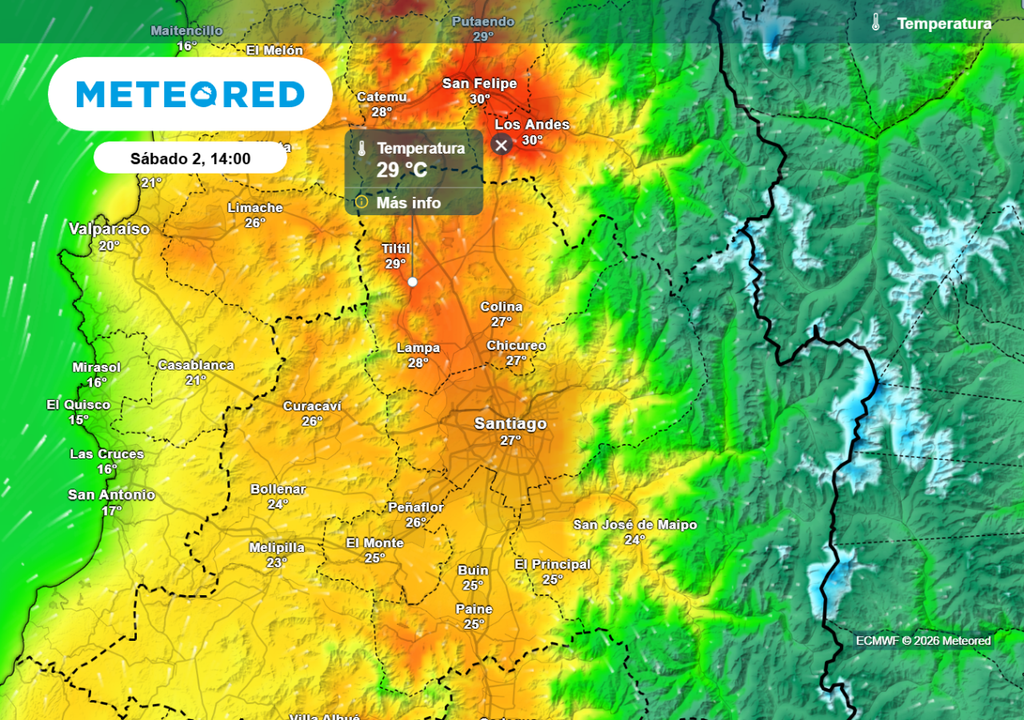 Al norte de la Región Metropolitana las temperaturas podrían llegar hasta los 29 °C, valores que no veíamos desde hace varias jornadas.