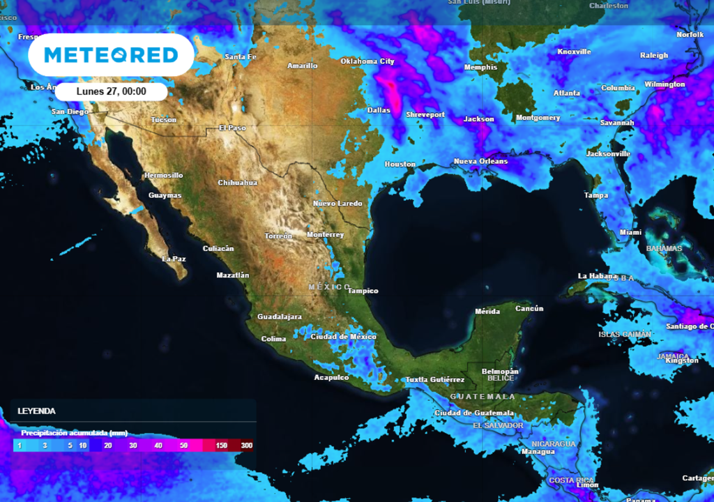 Lluvias concentrándose en el Norte, Noreste y Golfo, mientras el Centro y Sur reciben acumulados más dispersos durante el domingo.