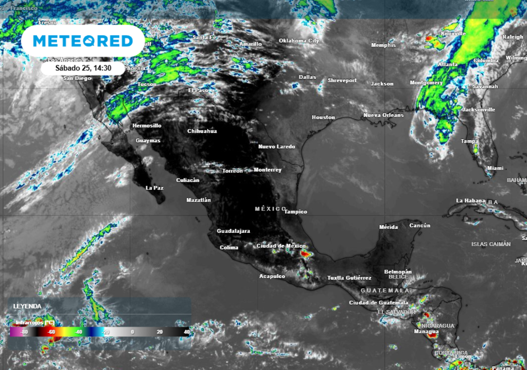Gran parte del país con cielo despejado y calor dominando, mientras nubes activas se concentran en el Noroeste y Sur del territorio.