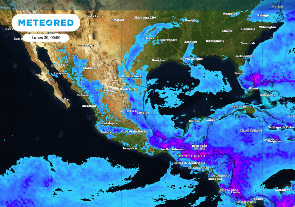 Pronóstico Mapa de pronostico muestra lluvias generalizadas en gran parte de Mexico, con mayor intensidad en el Sur, Sureste y zonas del Golfo.
