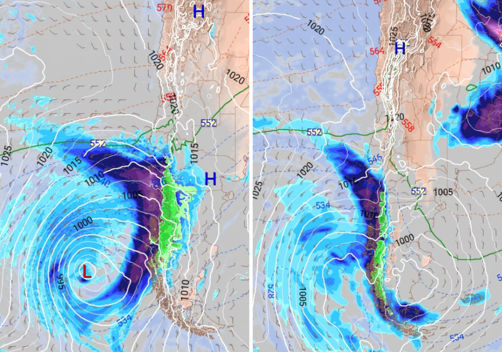 Posición del segundo sistema frontal de la próxima semana previsto por el ECMWF (imagen izquierda) y GFS (imagen derecha) para el sábado (20).