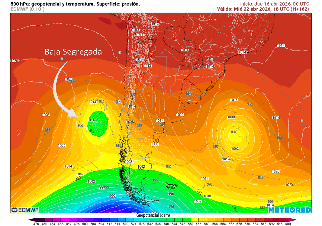 Posición de la baja segregada prevista para la tarde del miércoles 22 de abril 2026.