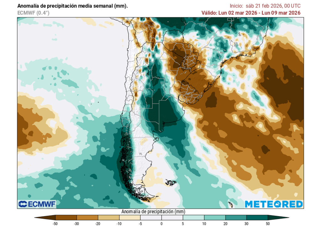 Pronóstico de Meteored para la primera quincena de marzo 2026 en Chile Anomalía semanal de precipitación (mm). Sobre los valores climatológicos normales (tonos verdes), bajo los valores climatológicos normales (tonos marrones) y en torno a los valores climatológicos normales (color blanco).