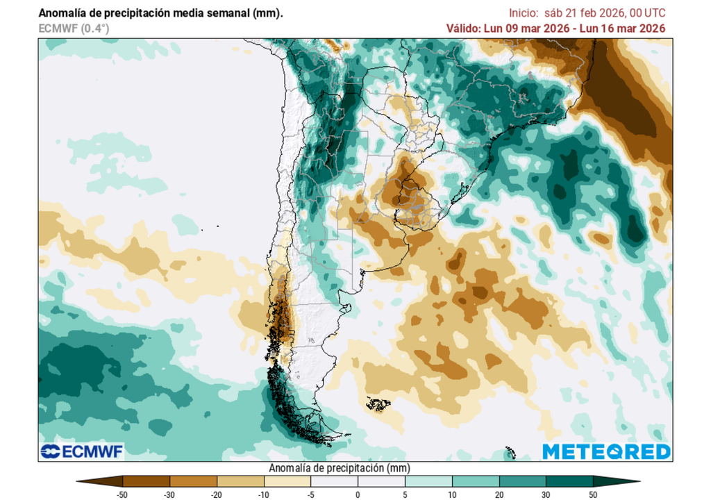 Pronóstico de Meteored para la primera quincena de marzo 2026 en Chile Anomalía semanal de precipitación (mm). Sobre los valores climatológicos normales (tonos verdes), bajo los valores climatológicos normales (tonos marrones) y en torno a los valores climatológicos normales (color blanco).