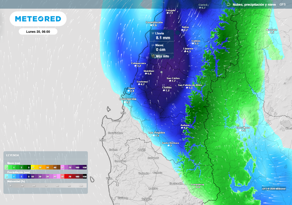 Fuertes lluvias visitarán a Chile centro-sur el lunes (20), pronóstico de Meteored Precipitación (mm) para la madrugada del lunes (20) en las regiones de Ñuble y Biobío.