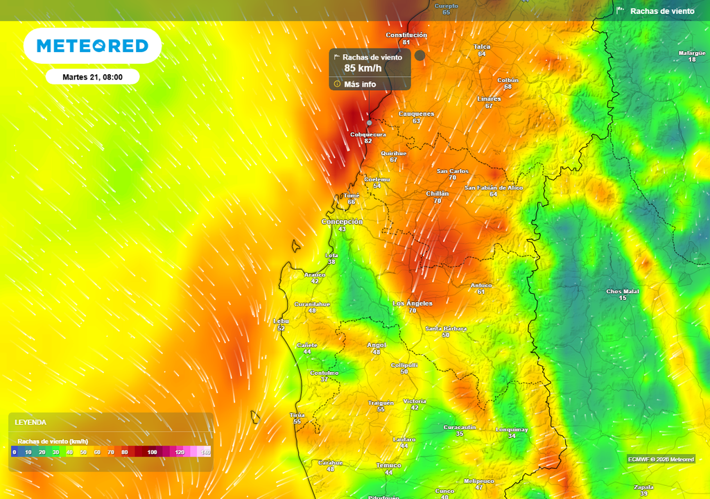 Meteored pronostica temporal para el martes (21) en Chile centro-sur Rachas de viento (km/h) para la mañana del martes (21) en las regiones de Ñuble y Biobío.
