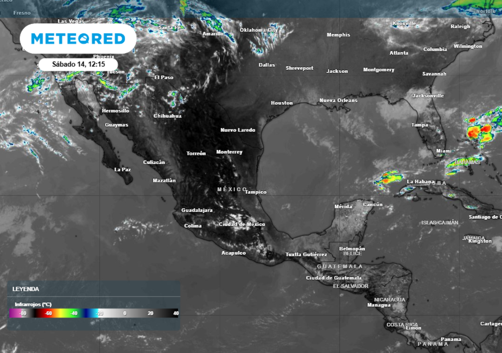 Imagen satelital muestra nubosidad densa asociada al frente frio avanzando sobre el Norte de México, con tormentas activas en el Sur de Estados Unidos.