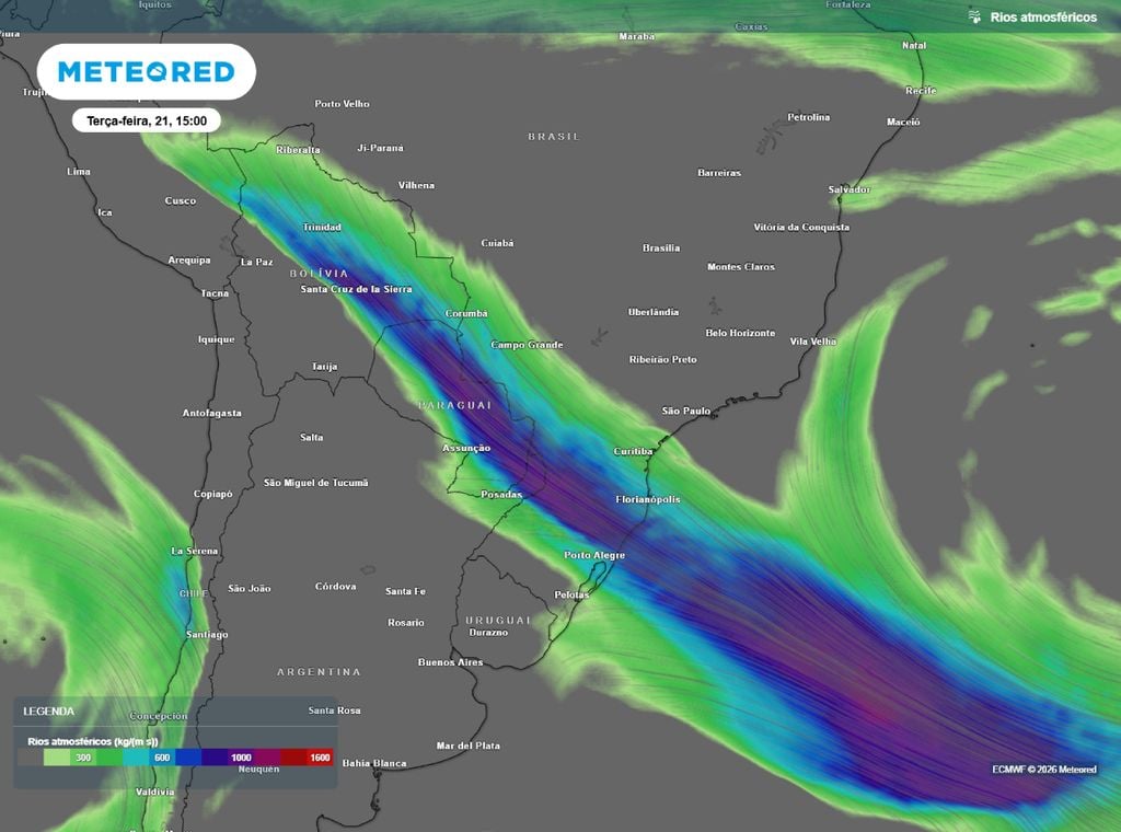 Canal de umidade transportando vapor d'água para o Sul do Brasil.