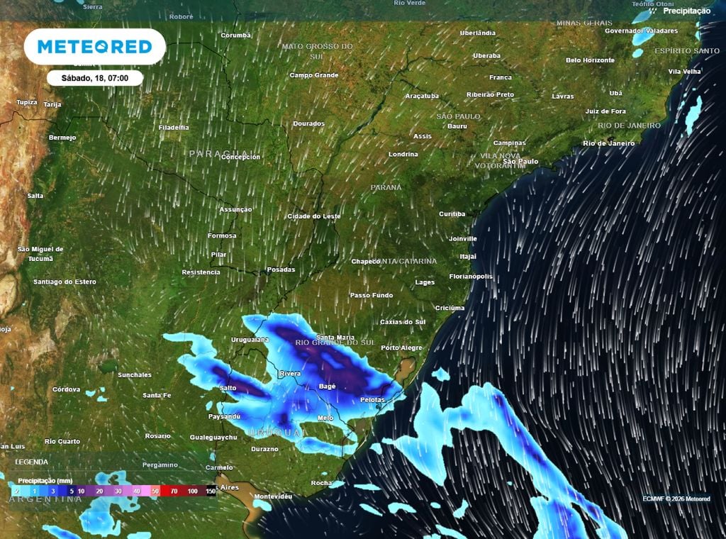 Mapa de precipitação prevista para a manhã de sábado (18) mostra as chuvas atuando no sul do RS.