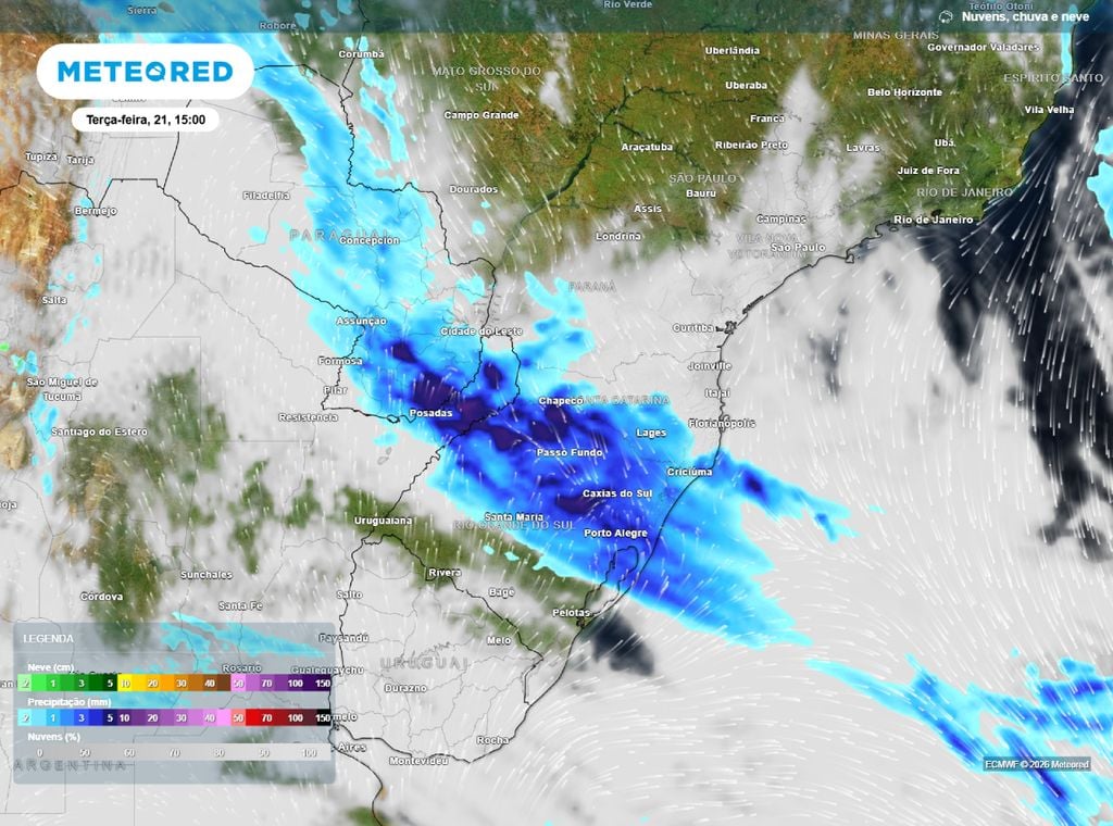 Mapa de precipitação e nebulosidade prevista para a terça-feira. A previsão indica isntabilidades espalhadas por boa parte do RS e de SC, além do tempo fechado no PR.