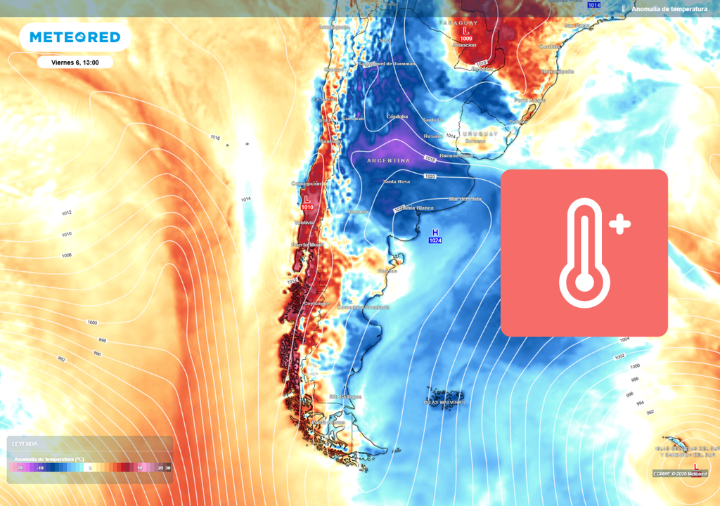 El modelo ECMWF proyecta anomalías cálidas significativas en la zona central y sur de Chile, con temperaturas por sobre lo normal bajo dominio de dorsal en altura, mientras el gradiente de presión favorece episodios de viento intenso en varias regiones.
