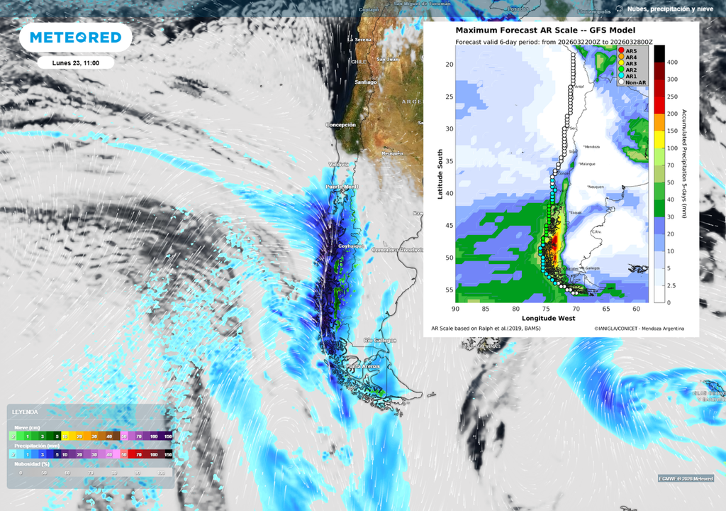 Sistema frontal con río atmosférico impactará el sur de Chile este lunes (23), dejando lluvias intensas y fuerte viento desde Los Lagos hasta Magallanes, asociado a una baja presión activa en el Pacífico sur.