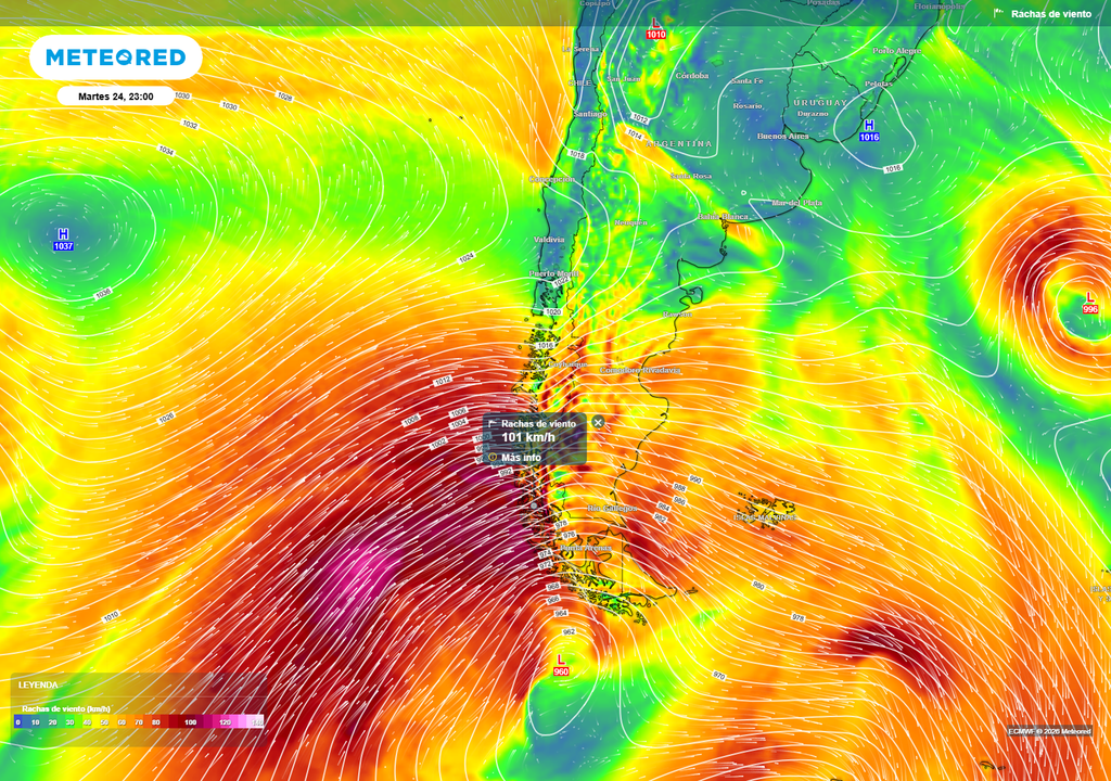 Intensas rachas de viento en la Patagonia este martes (24), impulsadas por un fuerte gradiente de presión asociado a una baja presión profunda en el extremo sur.