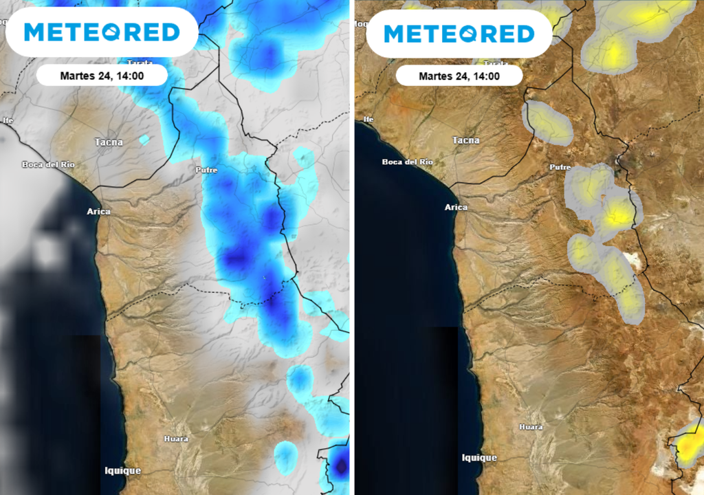 Tormentas eléctricas y chubascos se activan en el altiplano del norte este martes (24), con mayor intensidad durante la tarde, según proyecciones del modelo ECMWF.