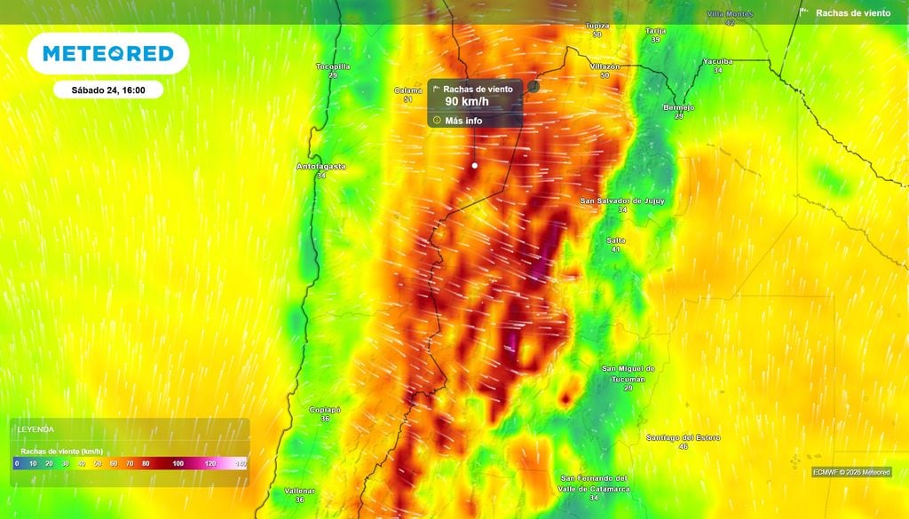 mapa de rachas de viento. El sábado se espera viento fuerte en la cordillera del norte.