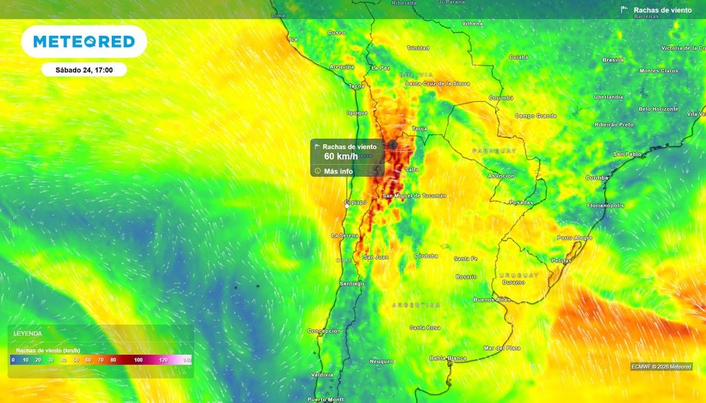 mapa de rachas de viento. Se espera viento en la costa norte este fin de semana.