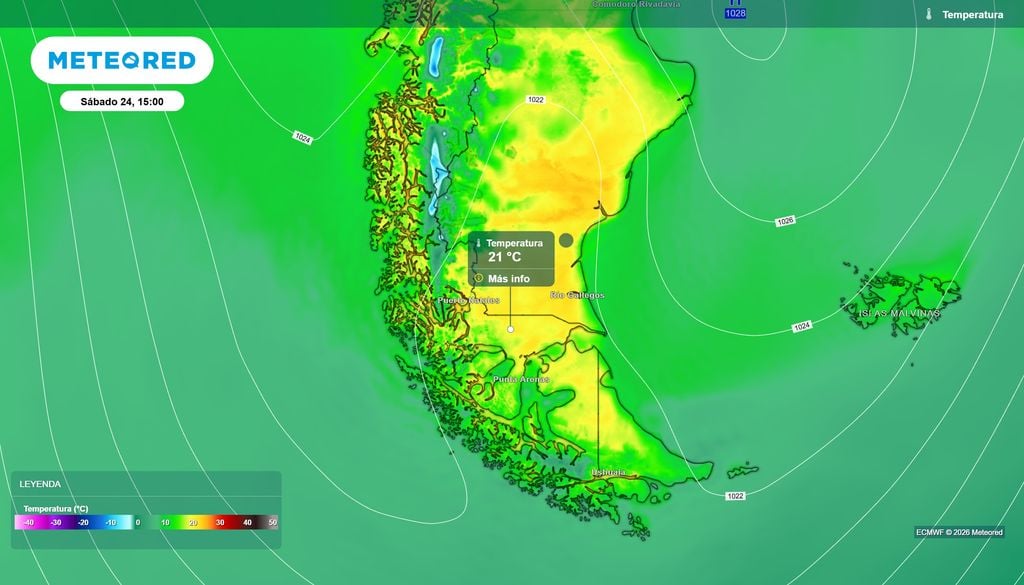 mapa de temperaturas. Altas presiones elevarán el termómetro este sábado en Magallanes.