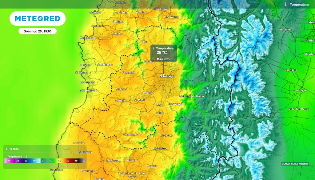 mapa de temperatura. En Santiago también se espera un día cálido el domingo 25.