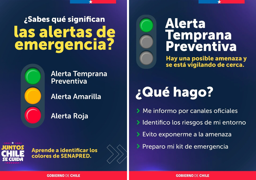 SENAPRED explica los tres niveles de alerta de emergencia en Chile: Temprana Preventiva, Amarilla y Roja, y entrega recomendaciones para identificar los riesgos y actuar ante posibles amenazas.
