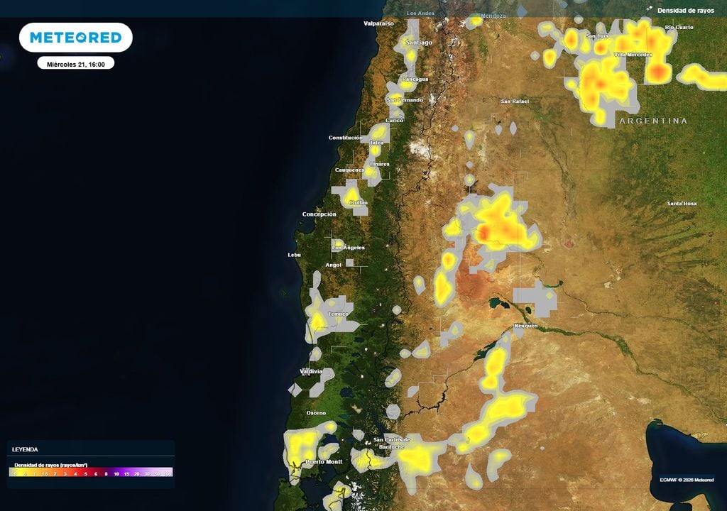 Se observa actividad eléctrica prevista en distintos sectores de Chile, asociada al desarrollo de tormentas convectivas.