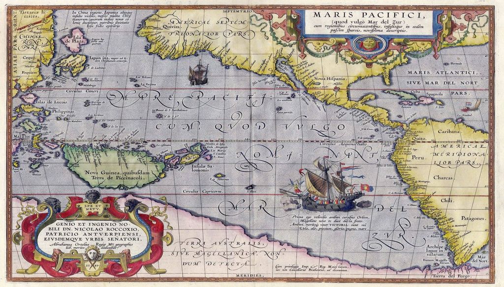 Mapa del cartógrafo Ortelius, publicado en 1589 en su atlas Theatrum Maris Terrarum, que es uno d ellos primeros en los que aparece representado el océano Pacífico. Fuente: Wikipedia.