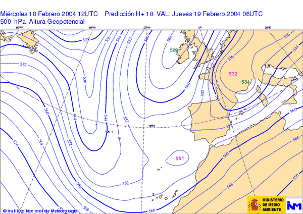 Ilustr. 3 (a). Formación de una DANA. Fuente: INM. Ejemplo de formación de una DANA para el 18 de febrero del 2004 según la evolución del mapa de 500 hPa. Ilustr. 3 (a). Formación de una DANA. Fuente: INM. Ejemplo de formación de una DANA para el 18 de febrero del 2004 según la evolución del mapa de 500 hPa.