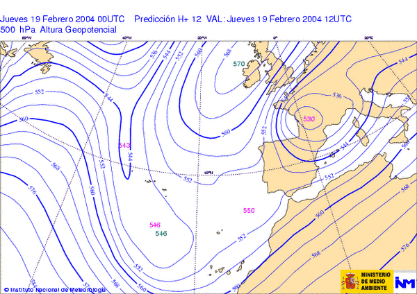 Ilustr. 3 (b). Formación de una DANA. Fuente: INM. Ejemplo de formación de una DANA para el 19 de febrero del 2004 según la evolución del mapa de 500 hPa. Ilustr. 3 (b). Formación de una DANA. Fuente: INM. Ejemplo de formación de una DANA para el 19 de febrero del 2004 según la evolución del mapa de 500 hPa.