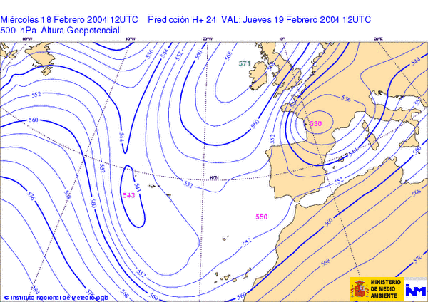 Ilustr. 3 (c). Formación de una DANA. Fuente: INM. Ejemplo de formación de una DANA para el 18 de febrero del 2004 según la evolución del mapa de 500 hPa. Ilustr. 3 (c). Formación de una DANA. Fuente: INM. Ejemplo de formación de una DANA para el 18 de febrero del 2004 según la evolución del mapa de 500 hPa.