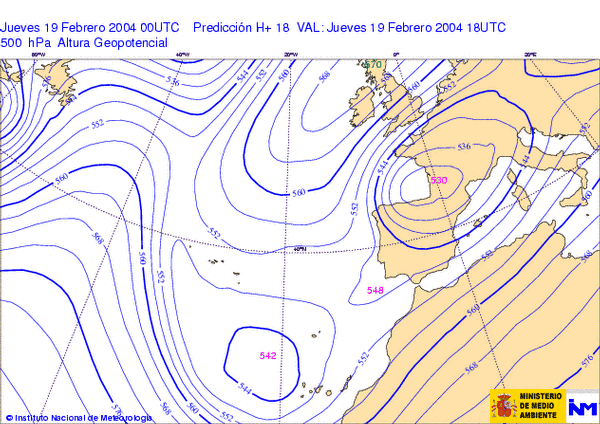 Ilustr. 3 (d). Formación de una DANA. Fuente: INM. Ejemplo de formación de una DANA para el 19 de febrero del 2004 según la evolución del mapa de 500 hPa. Ilustr. 3 (d). Formación de una DANA. Fuente: INM. Ejemplo de formación de una DANA para el 19 de febrero del 2004 según la evolución del mapa de 500 hPa.