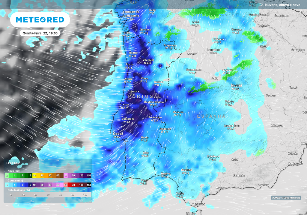 Na quinta-feira poderemos contar com diversos episódios de chuva forte, ao longo do país.