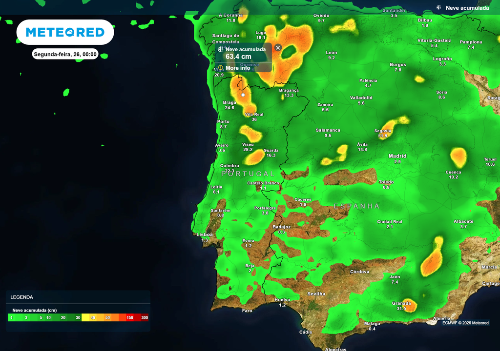 Apesar de sabermos que os mapas de neve poderão contar com ocorrência de granizo ou chuva congelante, ainda assim, indicam acumulações impressionantes em locais onde normalmente há ocorrência de neve e noutros em que raramente neva, mas não é impossível.