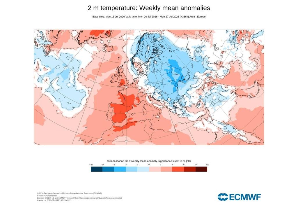 O ECMWF antecipa temperaturas entre 1 e 3 ºC acima da média em Portugal continental na semana de 20 a 26 de julho.