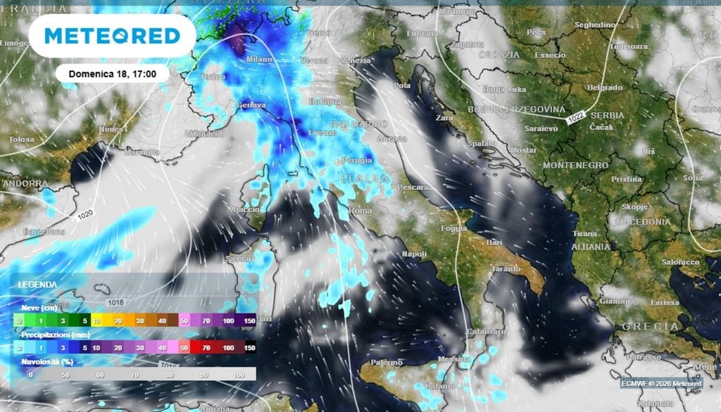 Situazione prevista per domenica con la fase di maltempo, soprattutto al Nord (sul Nord-Ovest) e sulla Sardegna, in parte sulla Sicilia . ECMWF-MeteoRed