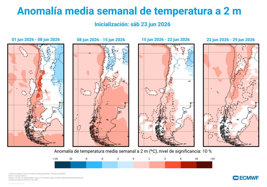 anomalías de temperatura para junio Las temperaturas se mantendrán por sobre el promedio durante junio, según los datos del ECMWF.