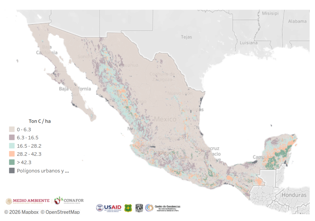 Mexico; cobertura forestal; bosques; emisiones; sumideros; ciclo del carbono; cambio climatico; biodiversidad; sostenibilidad Promedio de toneladas de carbono almacenado por hectárea de bosque entre 2015 y 2020. Imagen tomada del sitio web del Sistema Nacional de Monitoreo Forestal de CONAFOR.