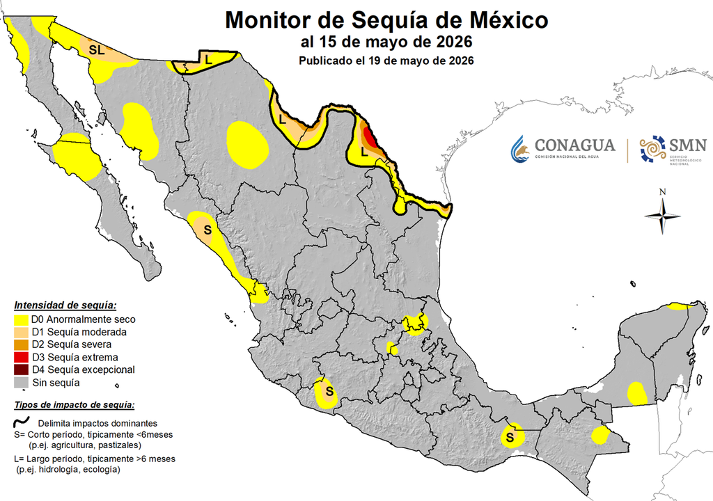 Monitor de Sequía - SMN, CONAGUA Gracias a las lluvias de 2024-2026, la Sequía en México es mínima teniendo apenas extensión del 3.2% concentrada en el norte; la Temporada de Lluvias ha comenzado con más beneficio.